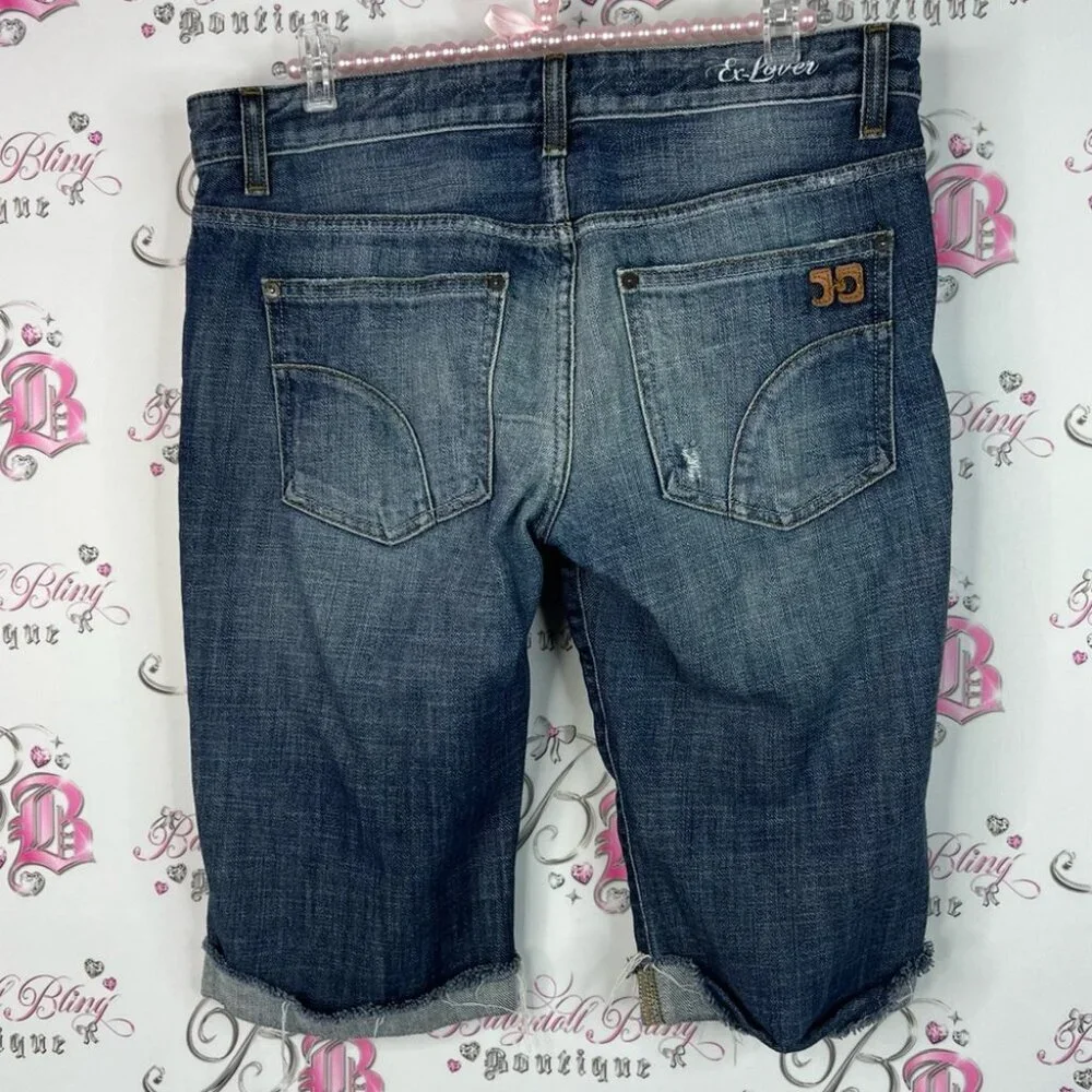 Joe's Jeans Ex Lover Classic Blue Denim shorts distressed rips long logo